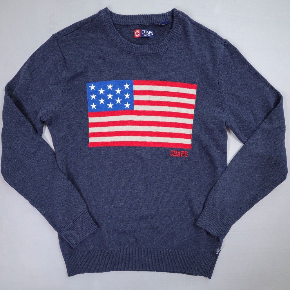Chaps‎ American Flag Sweater Mens Medium Blue Cotton Crewneck Americana Knit